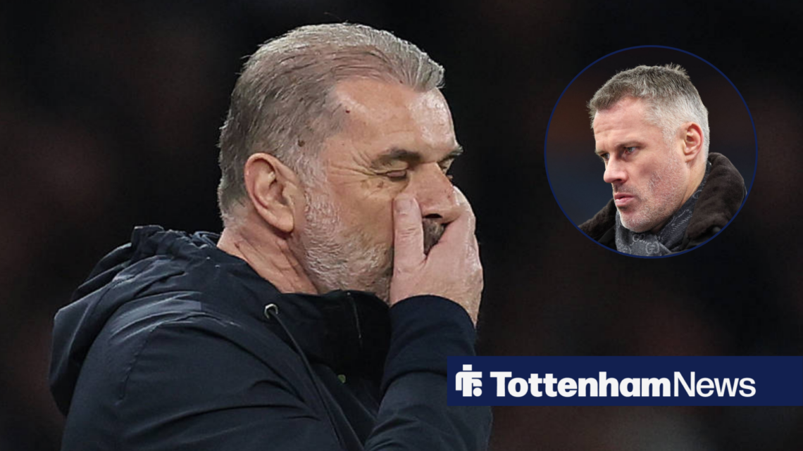 Jamie Carragher looks towards an upset Ange Postecoglou.