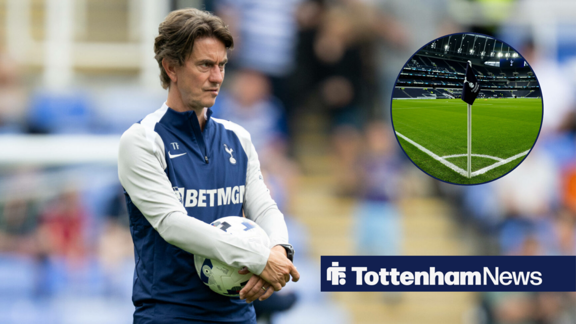 Thomas Frank alongside a circle inset of the Tottenham corner flag.