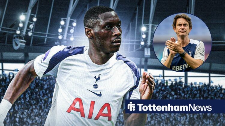 Randal Kolo Muani runs for Tottenham with Thomas Frank in circular inset.