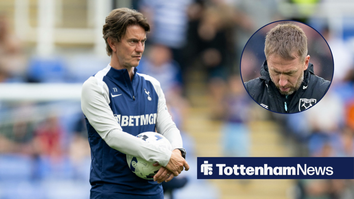 Thomas Frank holds a football while wearing a tracksuit, with Graham Potter head down in a circular inset.