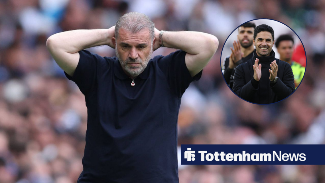 Ange Postecoglou holds his hands on his head with Mikel Arteta clapping in a circular inset.