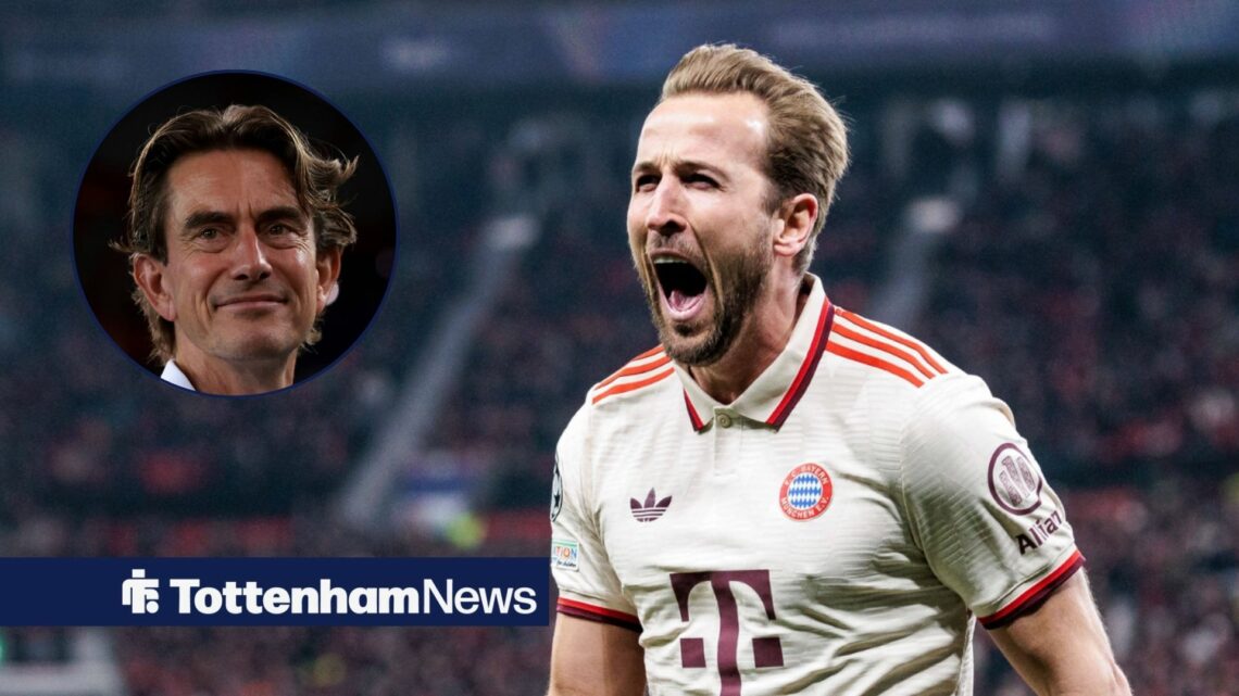 Harry Kane celebrates a Bayern Munich goal, with Thomas Frank in a circular frame inset