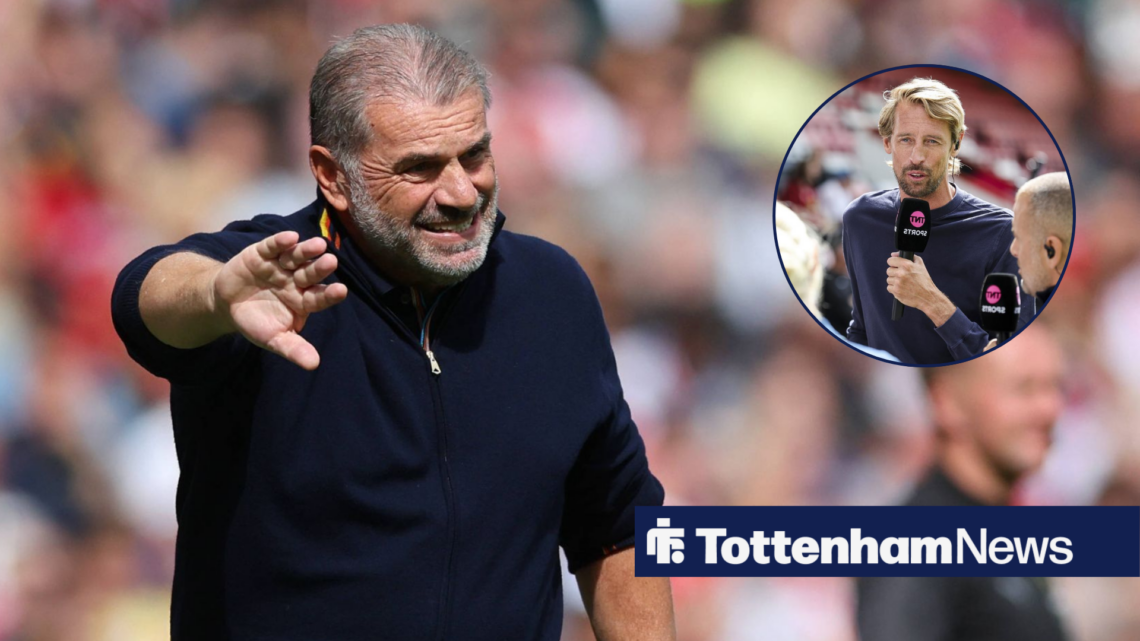 Ange Postecoglou winces with his arm raised, with Peter Crouch in a circular inset.
