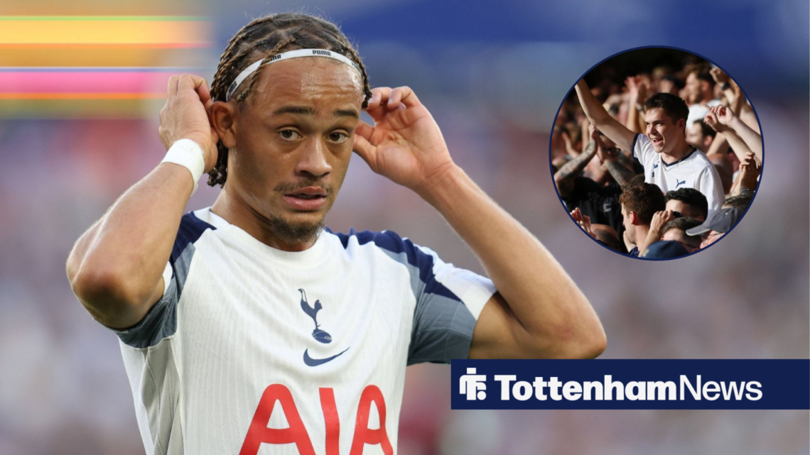Xavi Simons holds his headband in a Tottenham shirt, with fans in a circular inset.