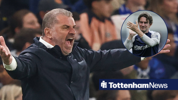 Ange Postecoglou animated whilst alongside a circle inset of Thomas Frank clapping.