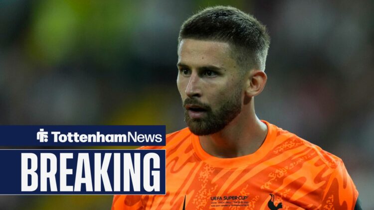 Guglielmo Vicario looks stunned in Tottenham goalkeeper shirt.