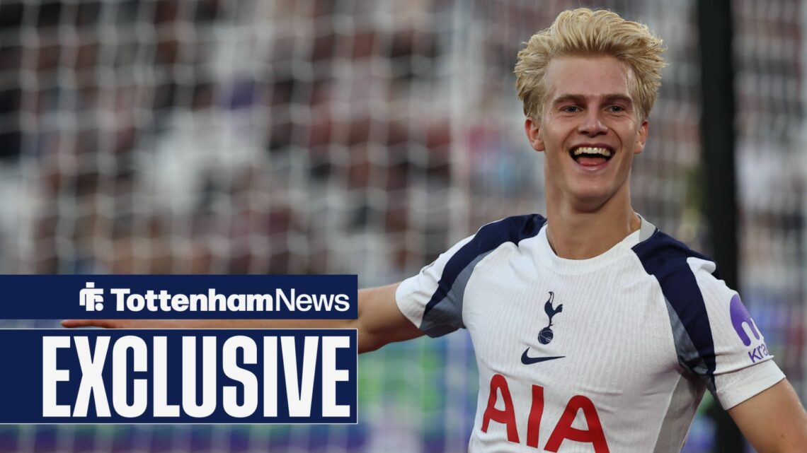 Lucas Bergvall smiles while playing for Tottenham.