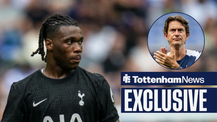 Destiny Udogie in action for Tottenham and Thomas Frank in circular inset