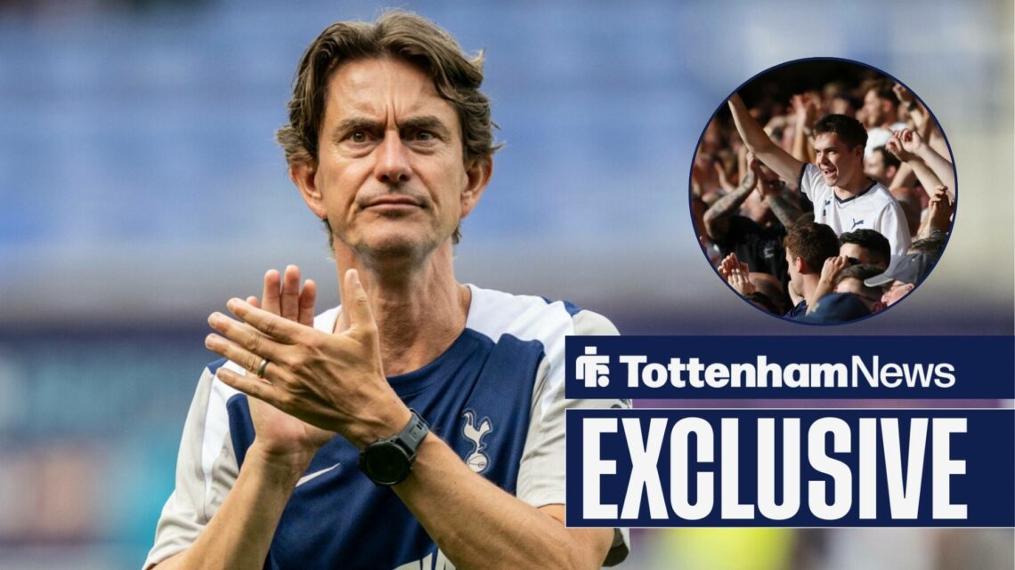 Thomas Frank applauds with Tottenham fans in a circular inset.