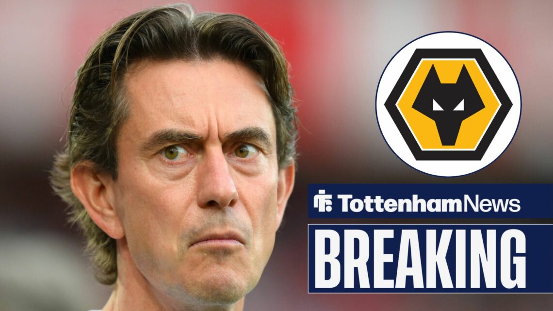 Thomas Frank looks pensive with the Wolves badge in a circular inset.