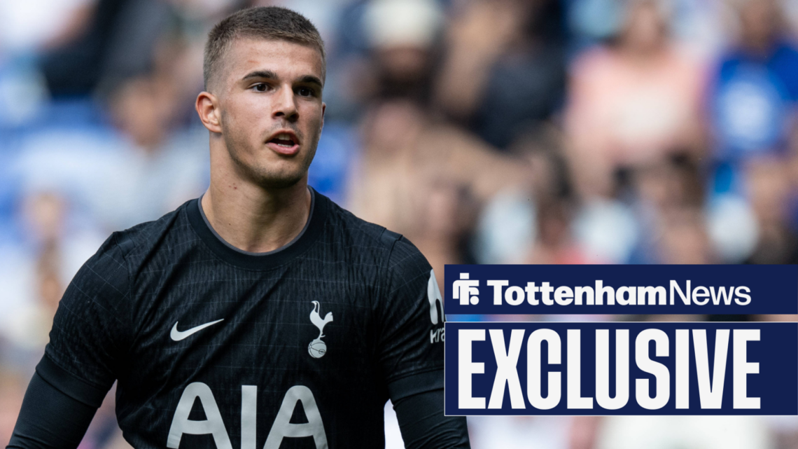 Luka Vuskovic playing for Tottenham in their away strip