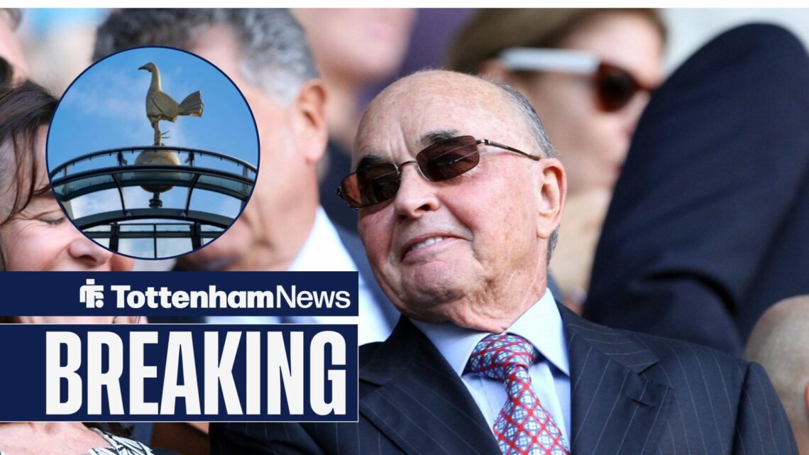 Joe Lewis smiles, with the Tottenham Hotspur Stadium in a circular frame