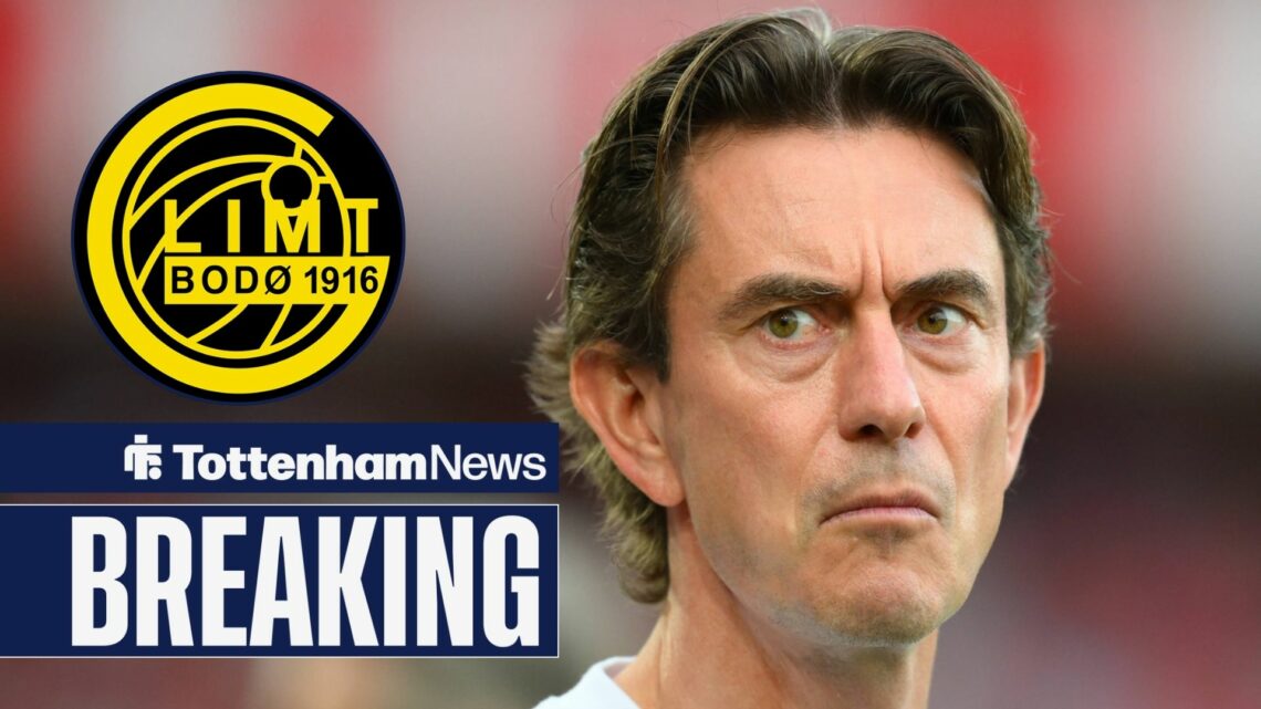 Thomas Frank looks concerned with Bodo/Glimt badge in a circular inset.