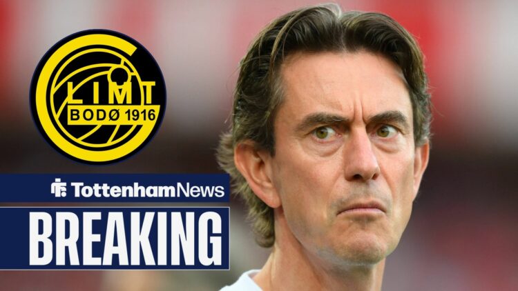 Thomas Frank looks concerned with Bodo/Glimt badge in a circular inset.
