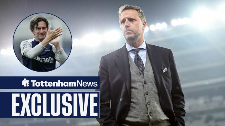 Fabio Paratici glances at Thomas Frank in a circular inset.