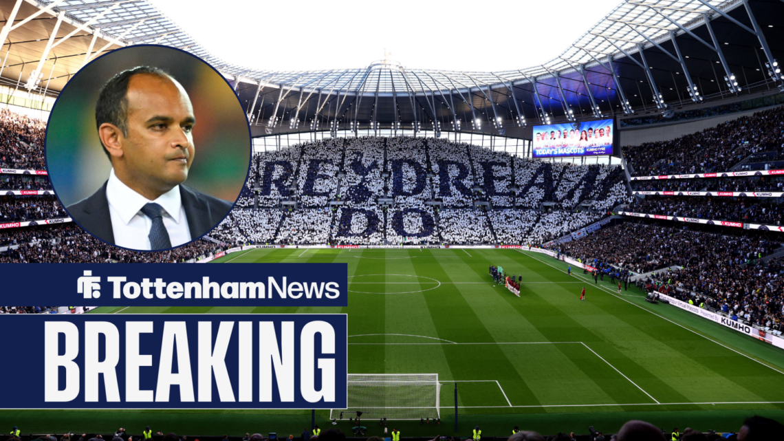 The Tottenham Hotspur Stadium with Vinai Venkatesham in a circular inset.