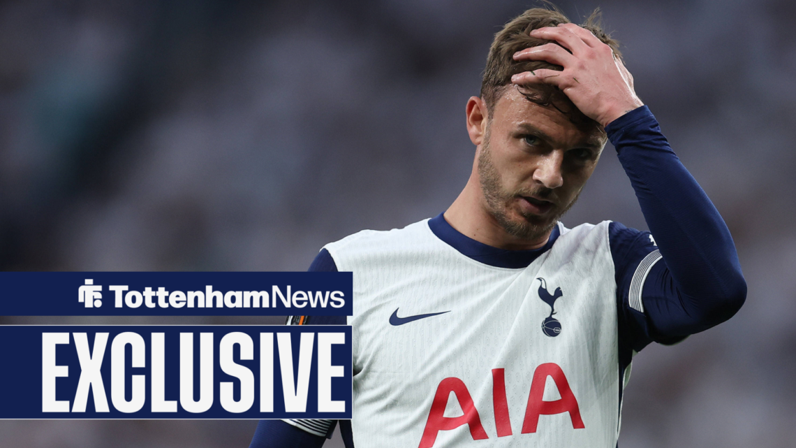 James Maddison had his hand on his head in Tottenham home strip.