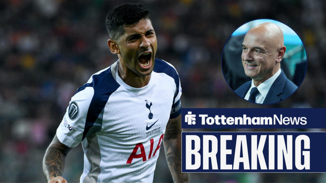 Cristian Romero celebrates for Tottenham, with Daniel Levy smiling in a circular inset.