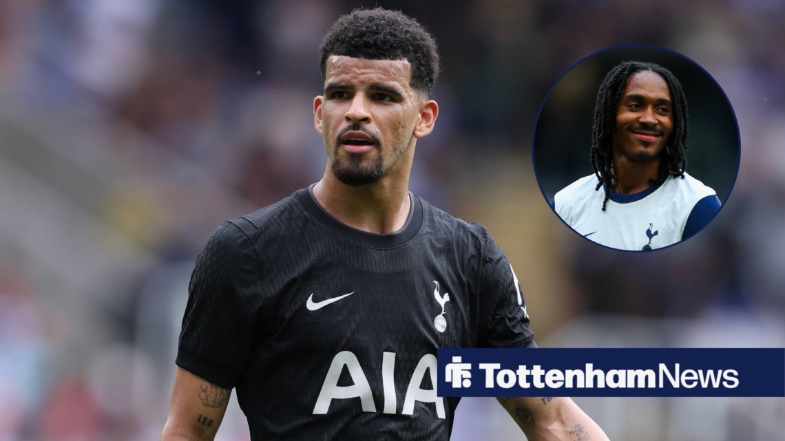 Dominic Solanke playing for Tottenham, with Djed Spence in the image
