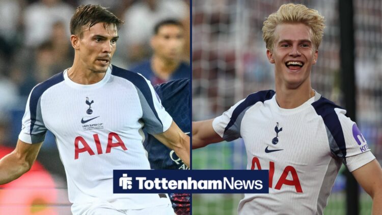Joao Palhina in action for Tottenham, facing Lucas Bergvall who looks happy.