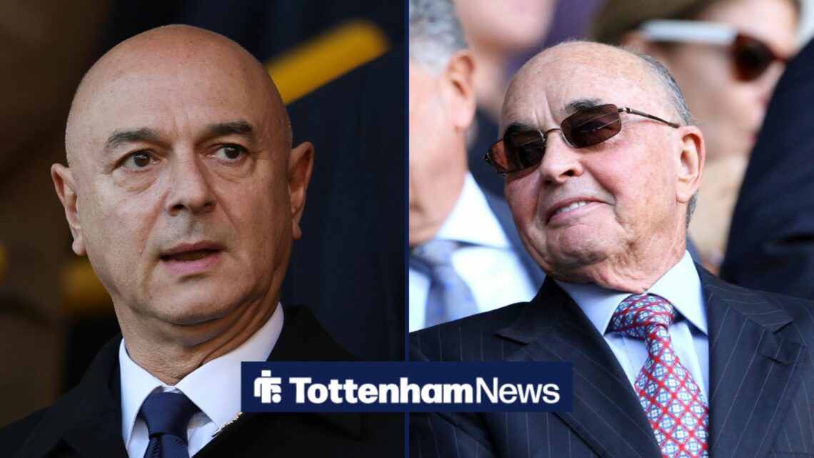 Daniel Levy looks on, with Joe Lewis in an image alongside him