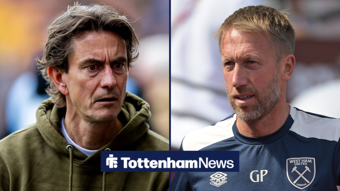 Thomas Frank and Graham Potter are either side of a Tottenham News logo looking at each other