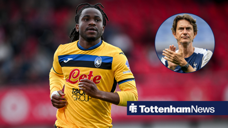 Ademola Lookman in action for Atalanta as Tottenham manager Thomas Frank applauds in a circular inset.