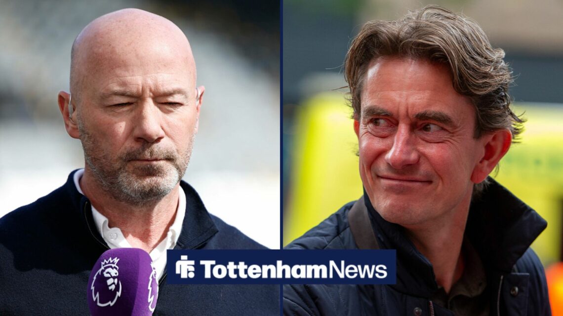 A split image as pundit Alan Shearer stands with a microphone while Tottenham manager Thomas Frank smiles across at him.