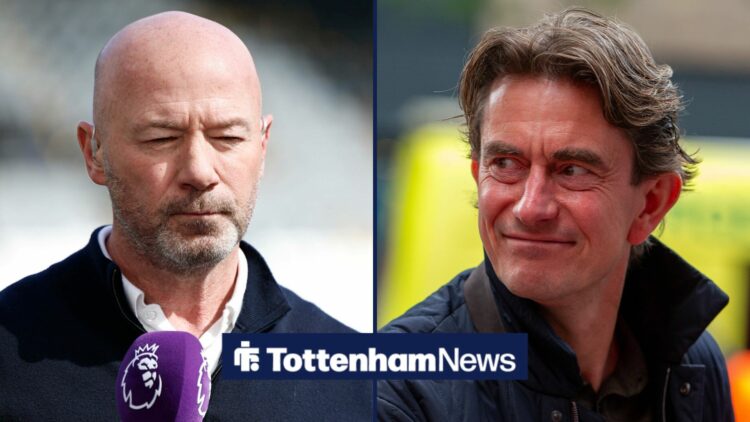 A split image as pundit Alan Shearer stands with a microphone while Tottenham manager Thomas Frank smiles across at him.