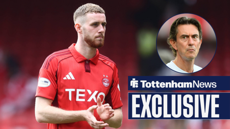 Tottenham News exclusive as on loan Aberdeen defender Alfie Dorrington applauds, while Tottenham manager stares with a frustrated expression in a c...