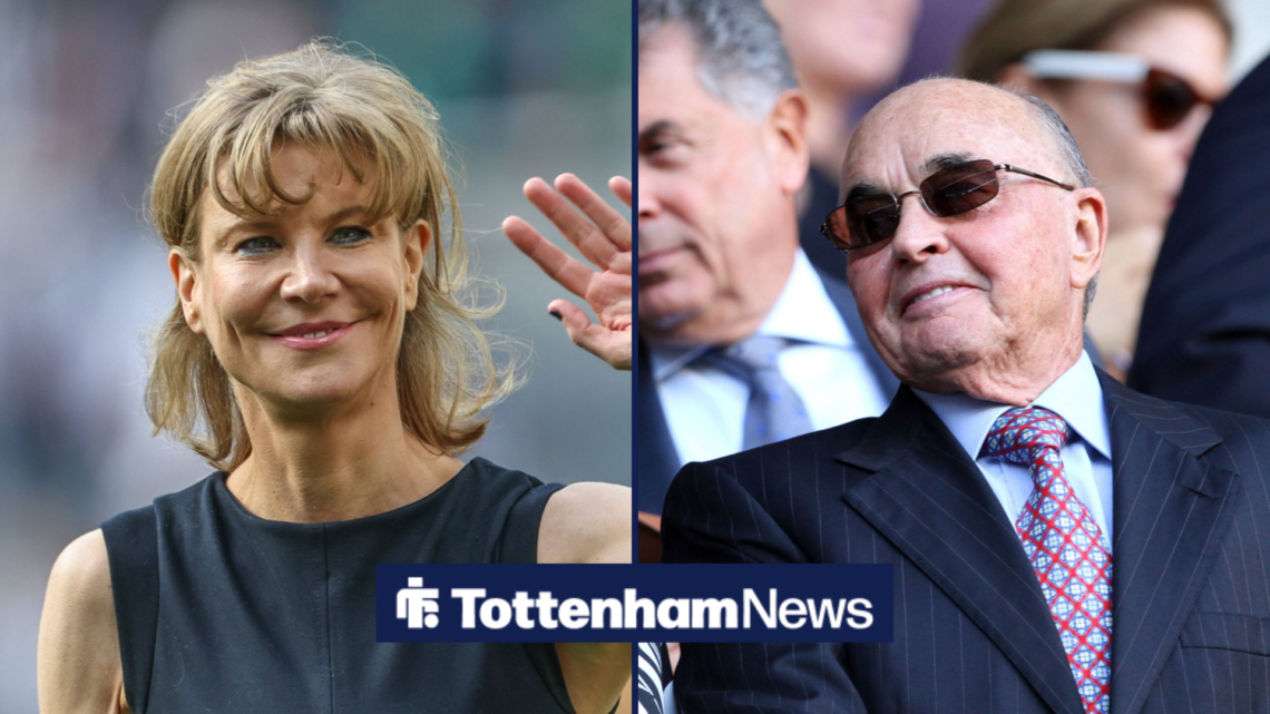 A split image as Amanda Staveley smiles and wacves across at Tottenham owner Joe Lewis.
