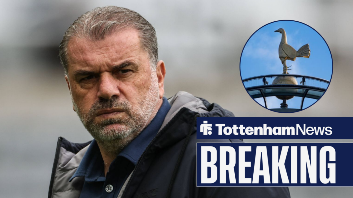 Breaking News as former Tottenham manager Ange Postecoglou glances towards the cockerel at Hotspur Way which features in a circular inset.