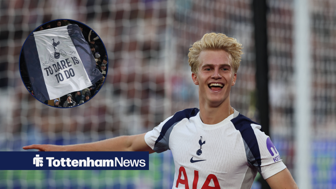 Lucas Bergvall celebrating with Tottenham flag in left circular inset