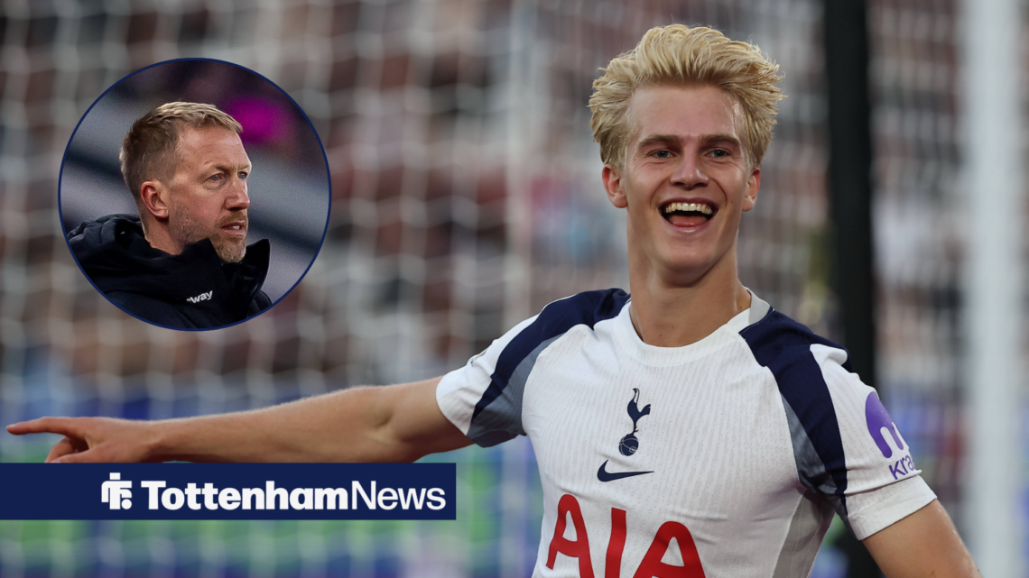 Lucas Bergvall smiling in action for Tottenham with Graham Potter in circular inset