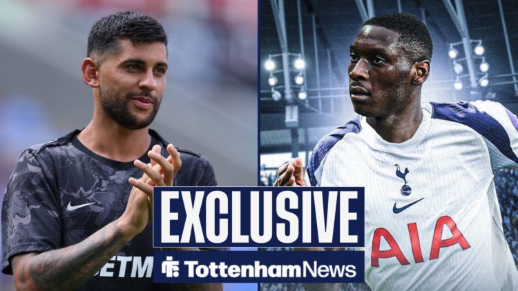Tottenham News exclusive as Spurs captain Cristian Romero applauds towards Randal Kolo Muani on the other side of a split image.