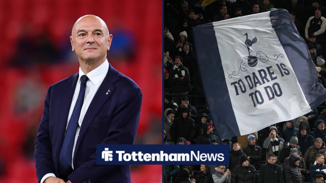 Daniel Levy in left inset with Spurs flag in right inset