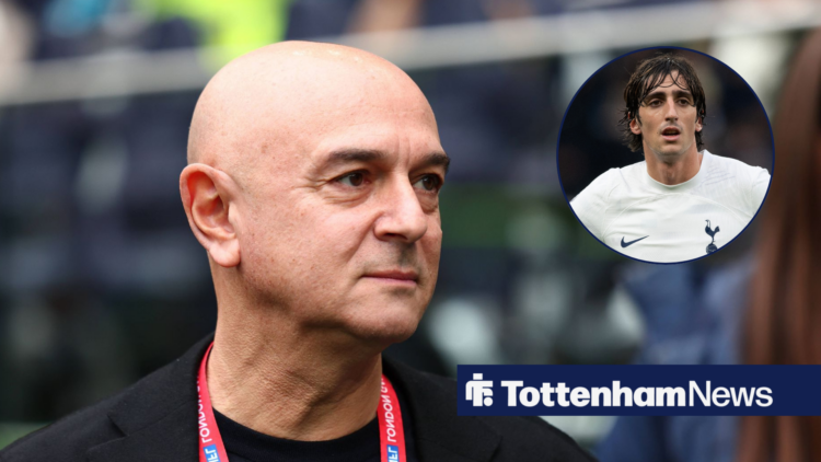 Tottenham chief Daniel Levy looking moody, Bryan Gil in inset.