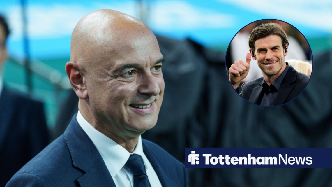 Former Tottenham chairman Daniel Levy smiles across at Gareth Bale, who sticks his thumb up while working as a pundit.