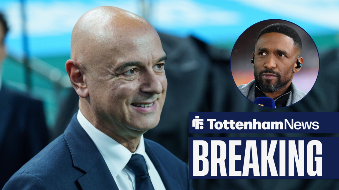 Breaking news as Tottenham chairman Daniel Levy smiles in the direction of pundit Jermain Defoe, who features in a circular inset.