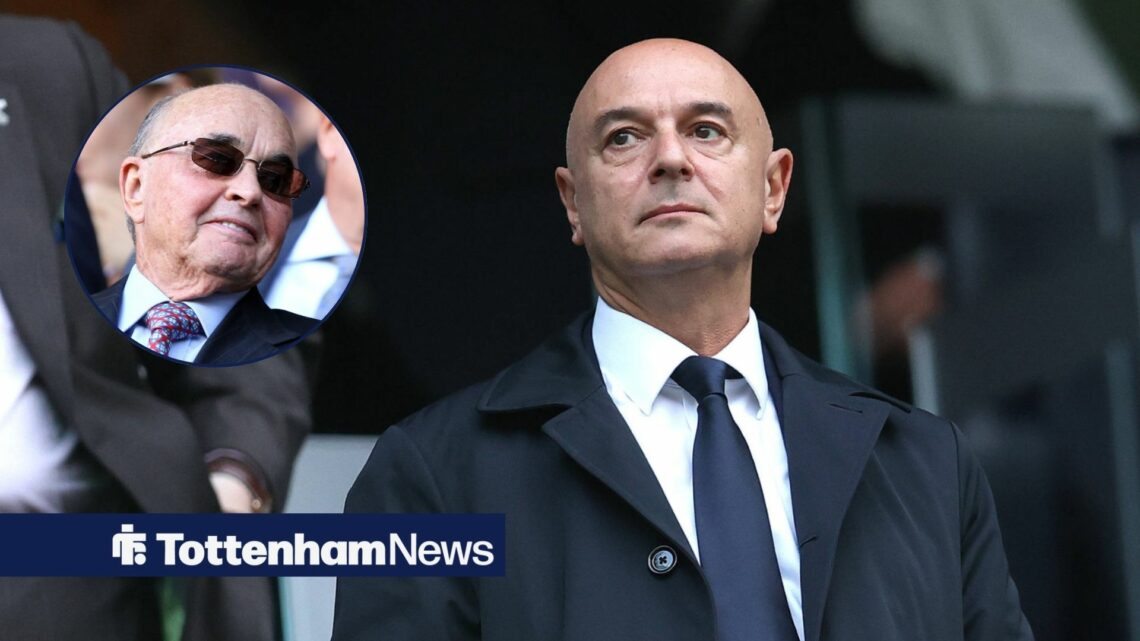Ex-Tottenham chairman Daniel Levy stands looking disconsolate, while Spurs chief Joe Lewis smiles in a circular inset.