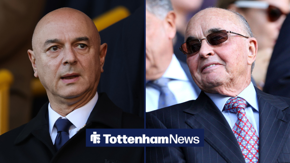 A split image as ex-Tottenham owner Daniel Levy stares across at Joe Lewis with a shocked expression on his face.