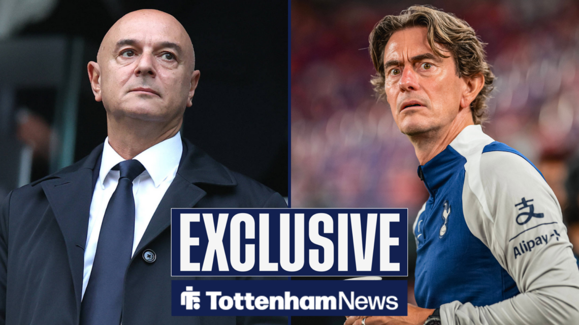 Tottenham News exclusive as Daniel Levy stares across at Thomas Frank, who stands with a startled expression on his face.