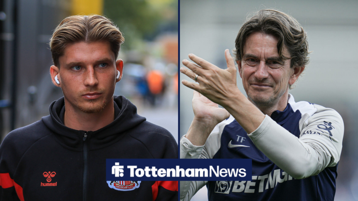 A split image as Sunderland defender Dennis Cirkin glances across at Tottenham manager Thomas Frank, who smiles and applauds.