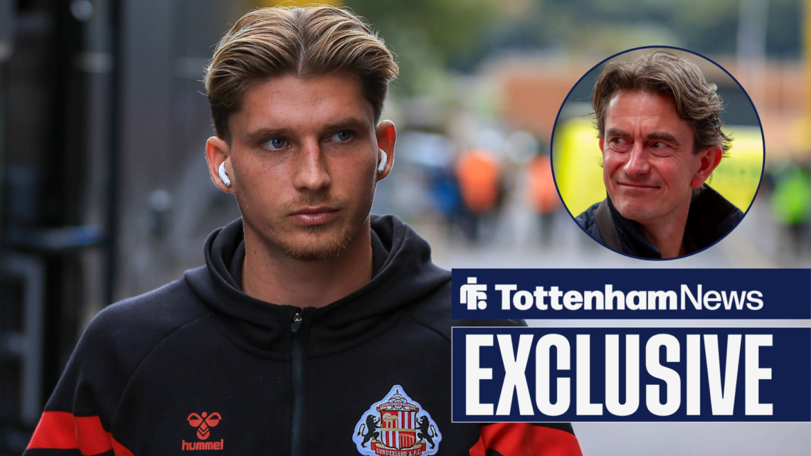 Tottenham News exclusive as Sunderland star Dennis Cirkin glances at Tottenham manager Thomas Frank, who smiles from a circular inset.