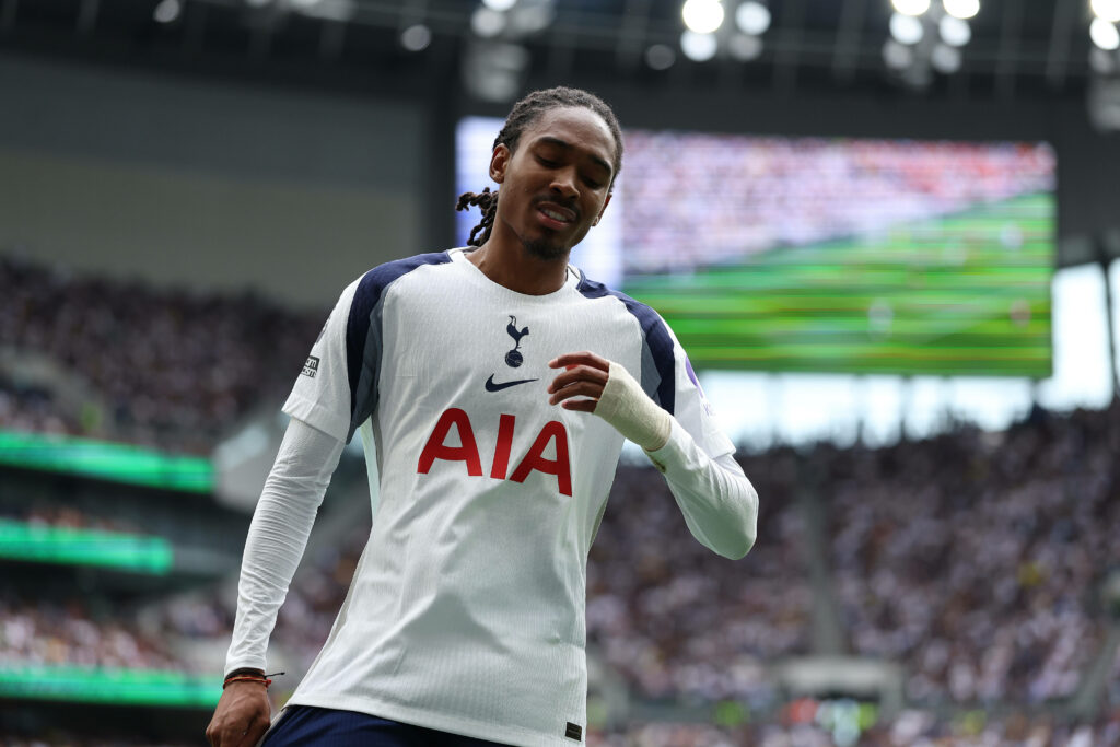 Djed Spence loks frustrated while playing at the Tottenham Hotspur Stadium.