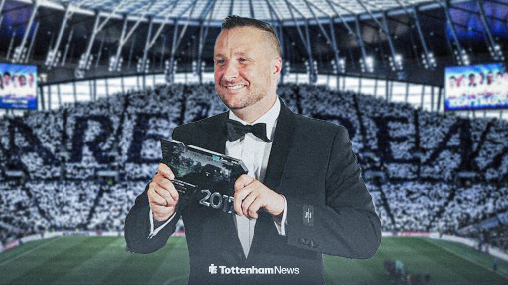 Brooklyn Earick wearing a suit in front of a backdrop of the Tottenham Hotspur Stadium