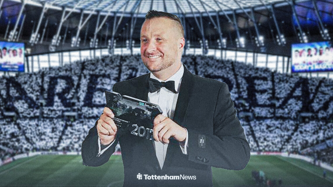 Brooklyn Earick wearing a suit in front of a backdrop of the Tottenham Hotspur Stadium