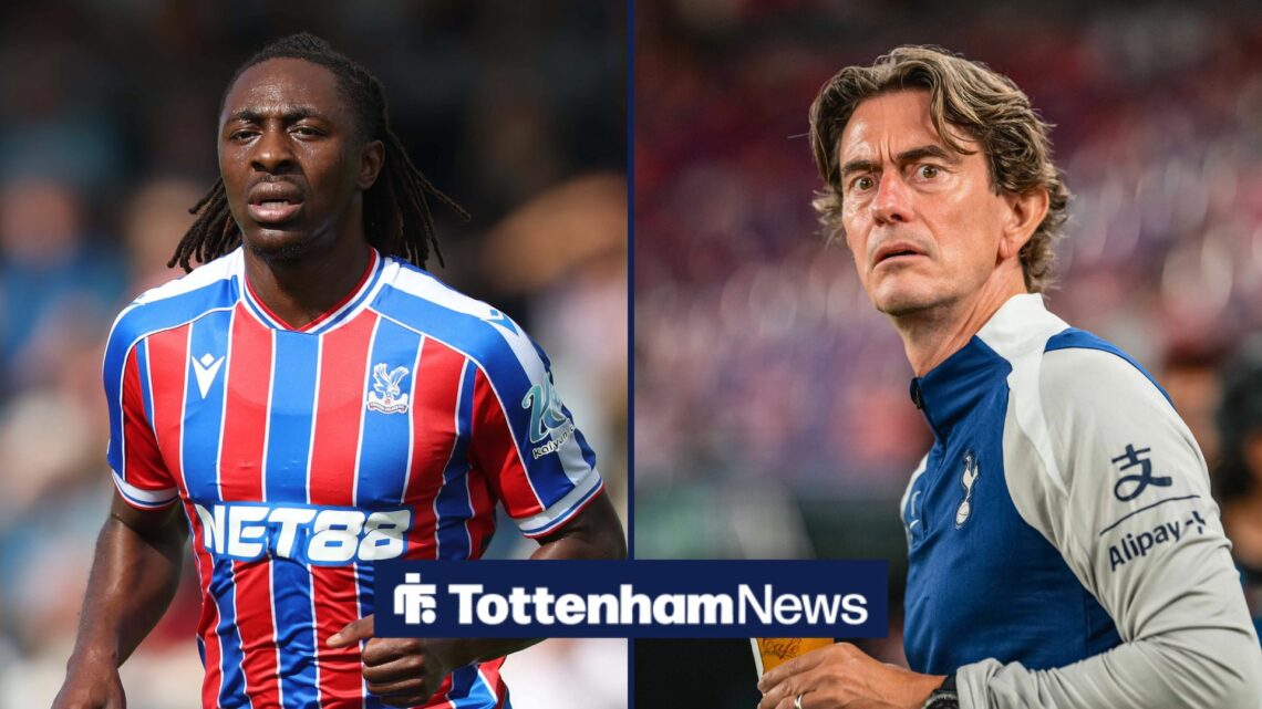 A split image as ex-Crystal Palace star Eberechi Eze is in action in the right half, while Tottenham manager Thomas Frank watches on with a fearful...