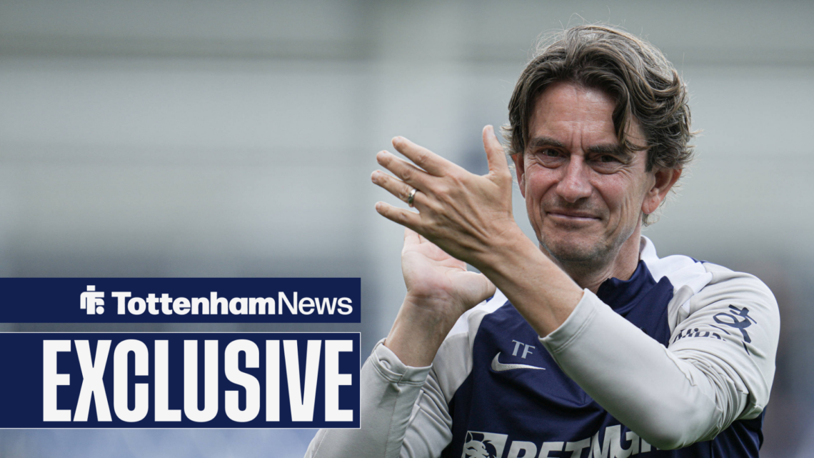 Tottenham manager Thomas Frank clapping and smiling in feature image