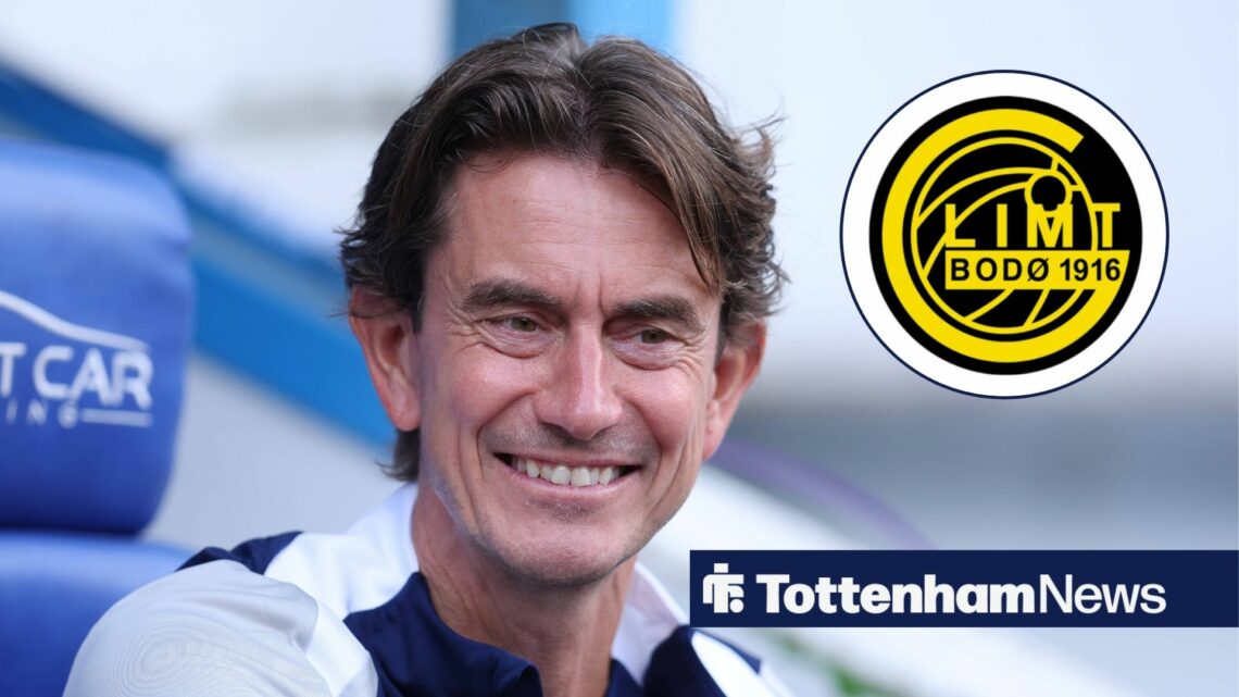 Thomas Frank smiling at Bodo/Glimt badge in circular inset